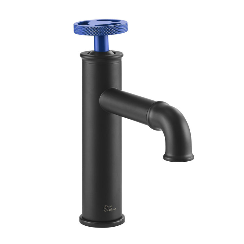Avallon Single Hole, Single-Handle Wheel, Bathroom Faucet in Matte Black with Blue Handle
