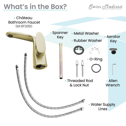 Single-handle bathroom faucet in brushed gold, modern curved spout, and lever handle design.
