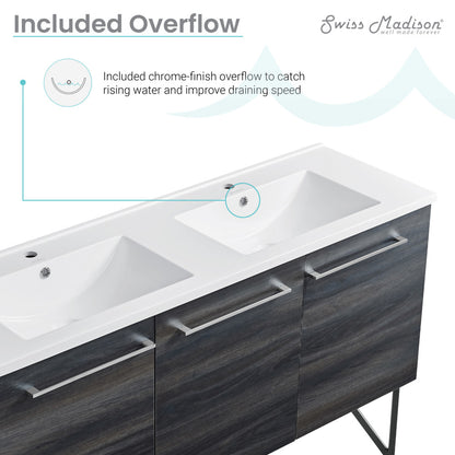 60-inch freestanding bathroom vanity in black walnut with single sink and soft-close doors.