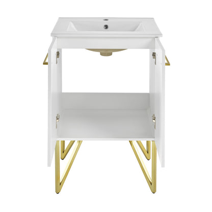 24-inch freestanding bathroom vanity in galaxy white with single sink and gold metal legs.