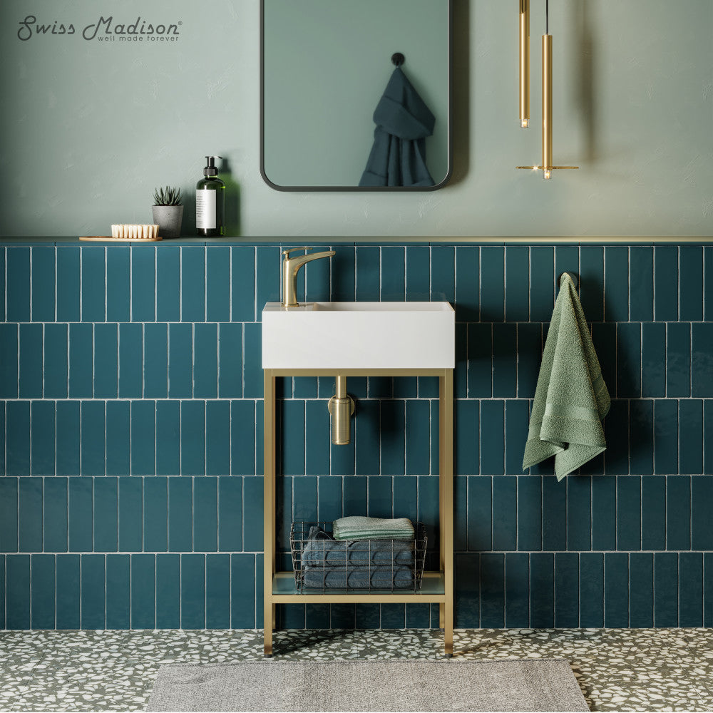 19.5-inch freestanding bathroom vanity with gold metal frame and open bottom shelf, single white sink basin.