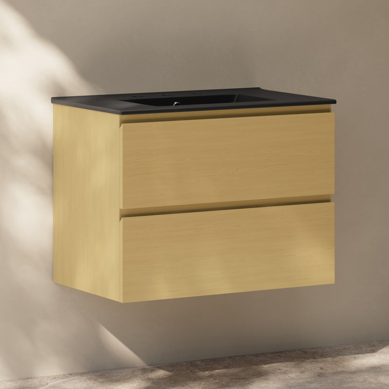 Liberte 30" Wall-Mounted Bathroom Vanity in Natural Oak with Black 3-Hole Widespread Sink Top