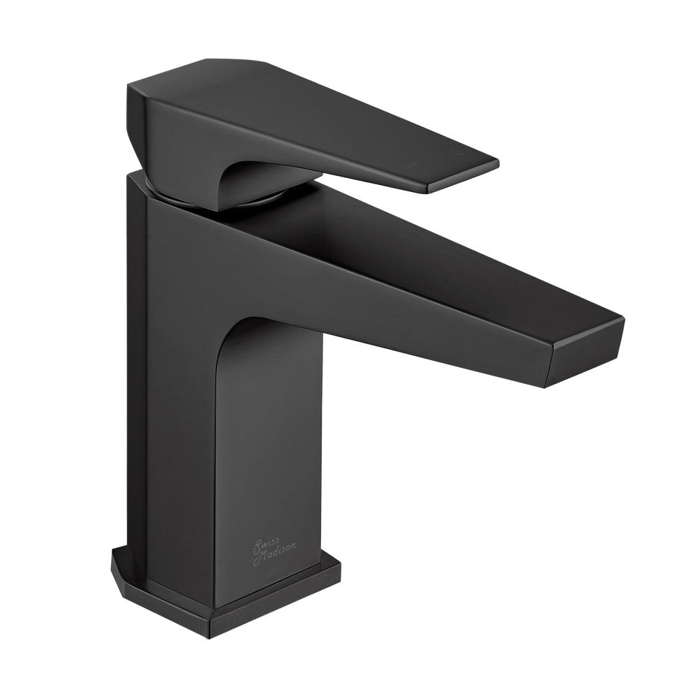 Single-handle bathroom faucet in matte black, sleek angular design.