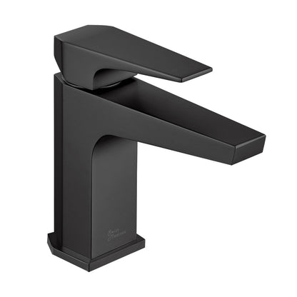 Single-handle bathroom faucet in matte black, sleek angular design.