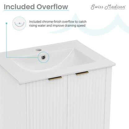 24-inch freestanding bathroom vanity in white with single sink and soft-close doors.