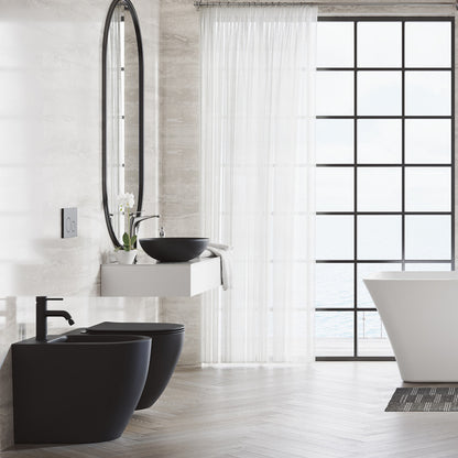 Floor-mount classic bidet in matte black with sleek, minimalist design and smooth contours.
