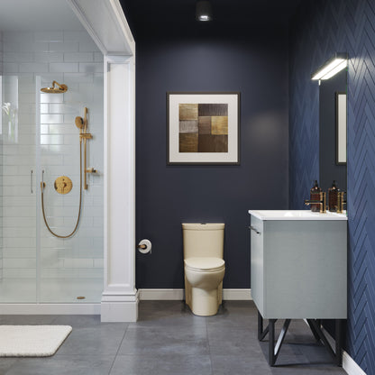 Elongated one-piece toilet in bisque with dual-flush, sleek skirted trapway design.