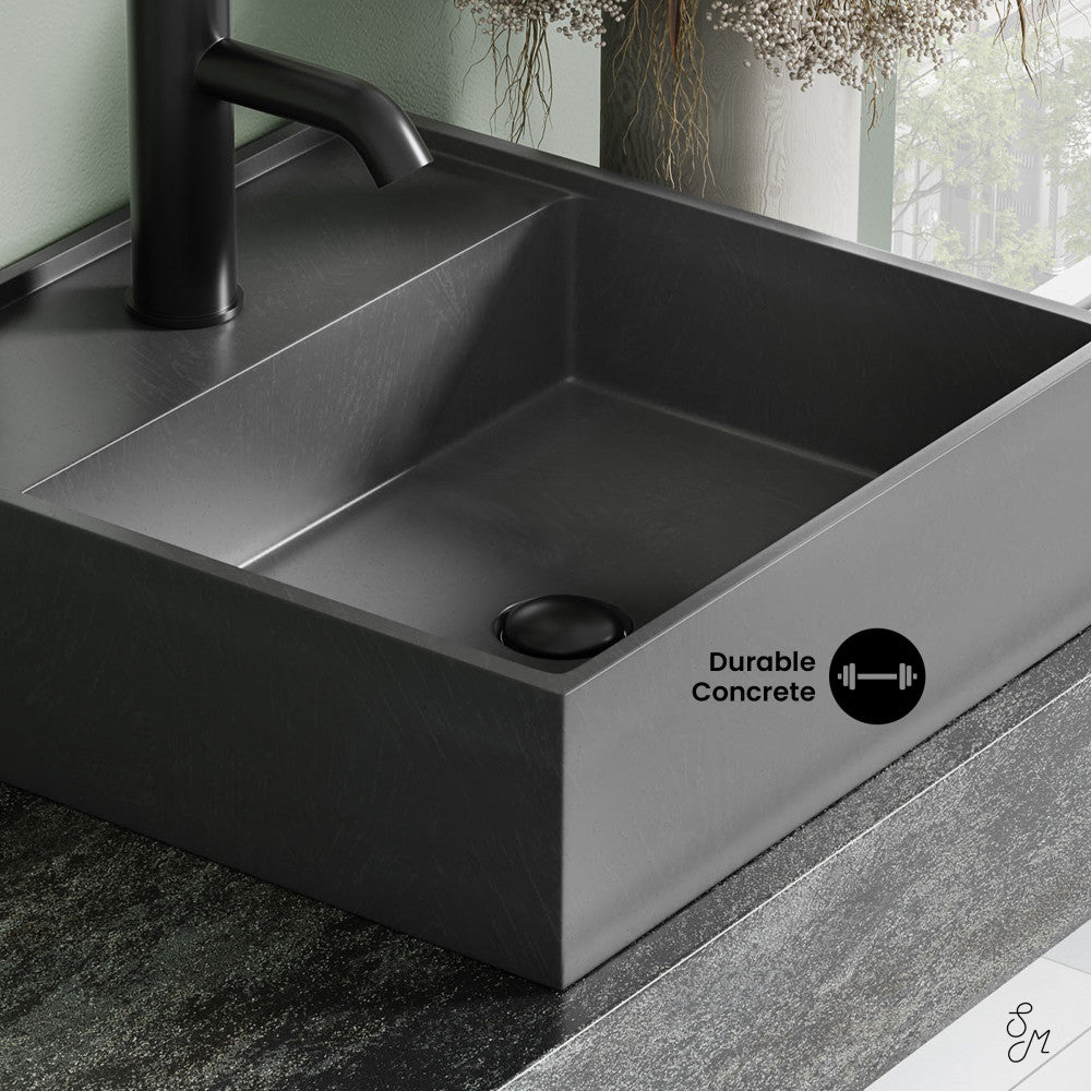 16" square concrete vessel sink in dark grey with clean lines and matte finish.