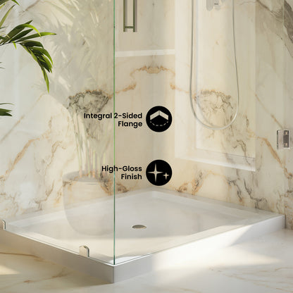Voltaire 60" x 32" Double-Threshold Right Corner Shower Pan Base with Center Drain in Glossy White