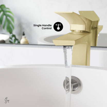 Single-handle high arc bathroom faucet in brushed gold, Monaco collection, water flowing from spout.