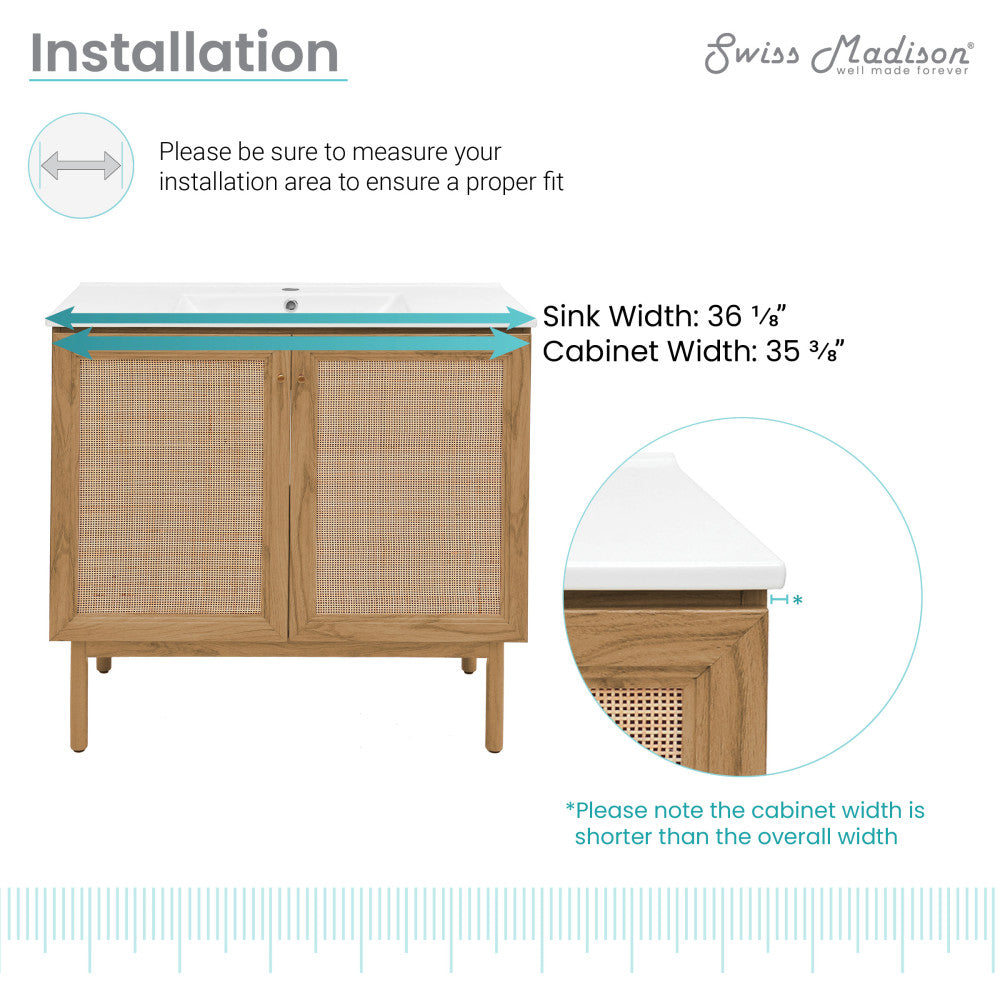 36-inch freestanding bathroom vanity in golden oak with single sink top, soft-close doors.