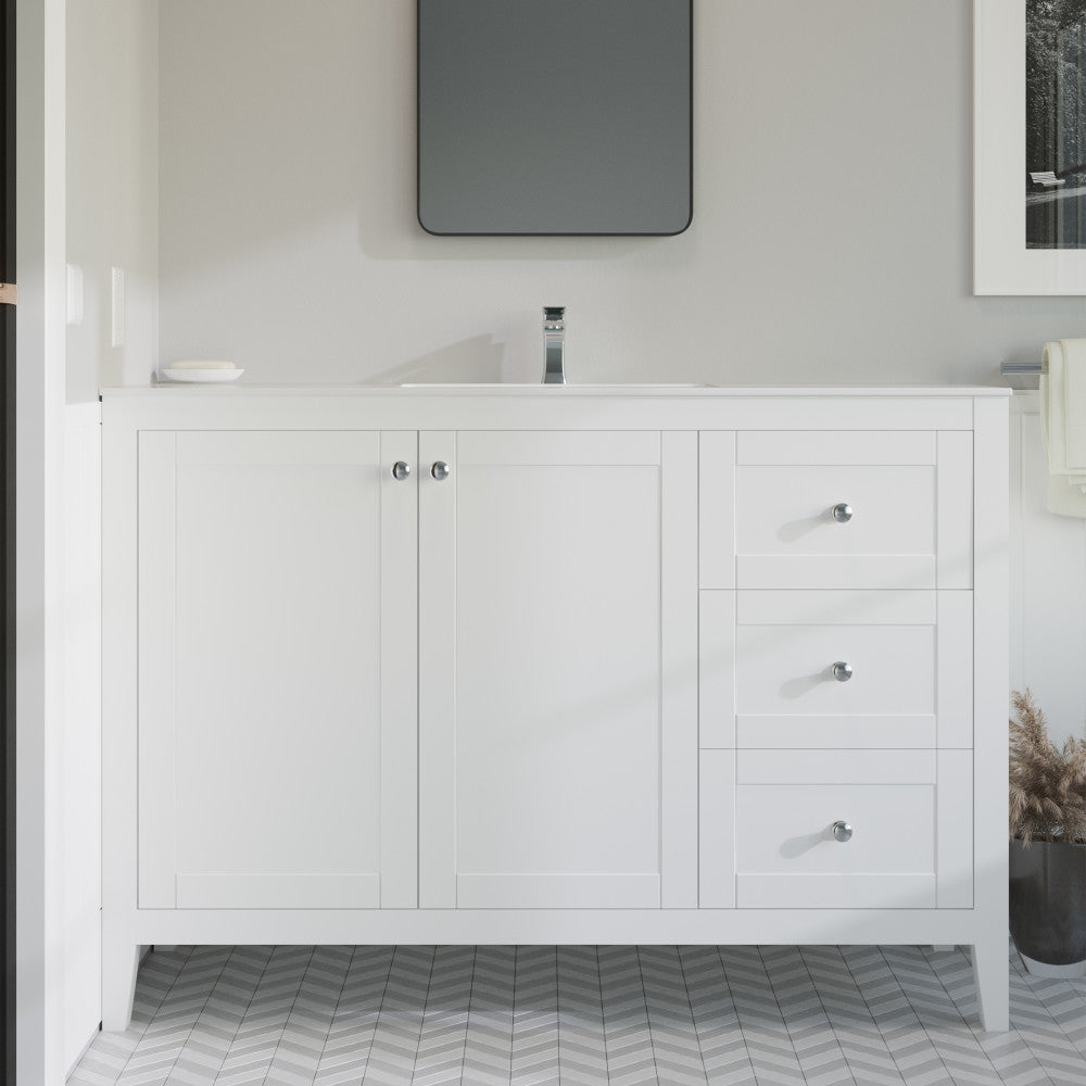 48-inch wall-mounted bathroom vanity with single sink, glossy white finish, soft-close drawers and cabinet doors.