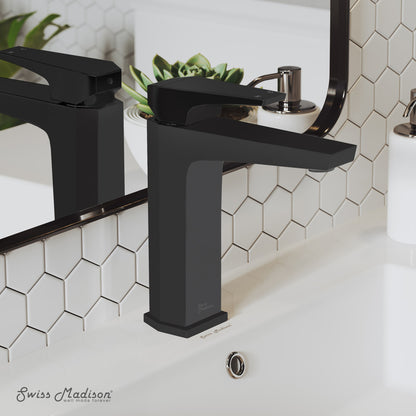 Single-handle bathroom faucet in matte black, sleek angular design, single-hole installation.