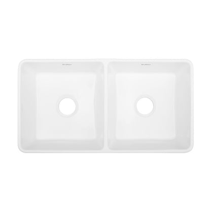 34-inch double basin ceramic farmhouse kitchen sink in glossy white with apron front.