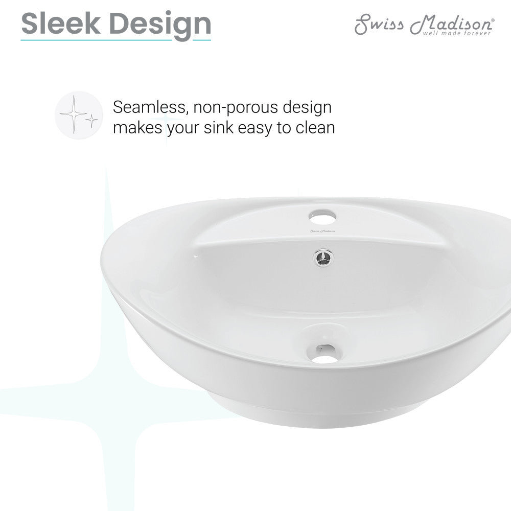 Oval white ceramic vessel sink with sleek, seamless design and integrated overflow hole.