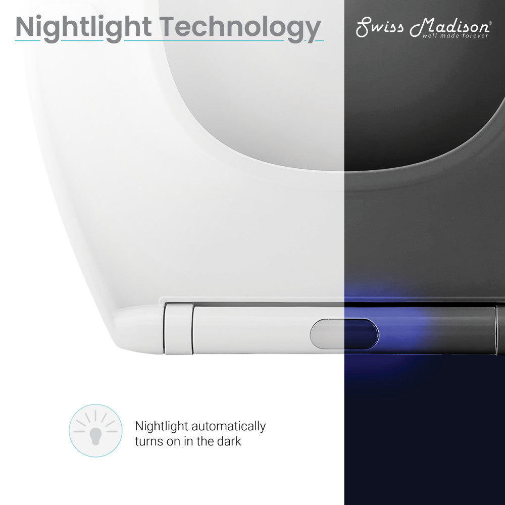 Elongated toilet seat with quick-release hinge and built-in night light, white plastic.