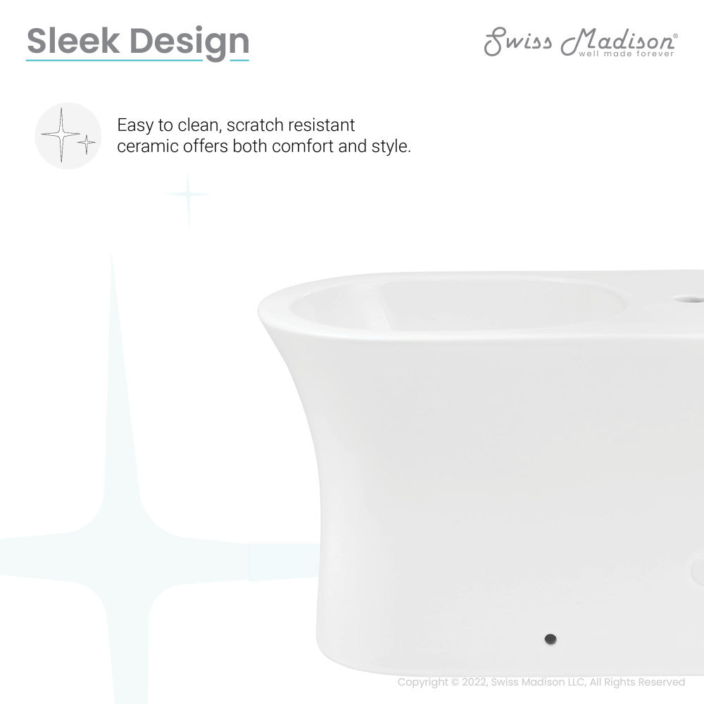 Floor-mount classic bidet in glossy white ceramic with sleek, curved design and single faucet hole.
