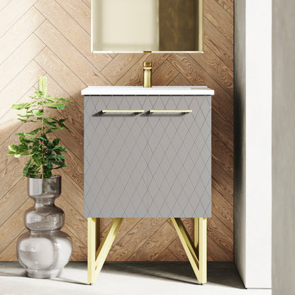 24-inch freestanding bathroom vanity in diamond gray with soft-close doors and white sink top.