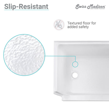 60" x 32" white single threshold shower base with left drain and integral right seat, textured slip-resistant floor.