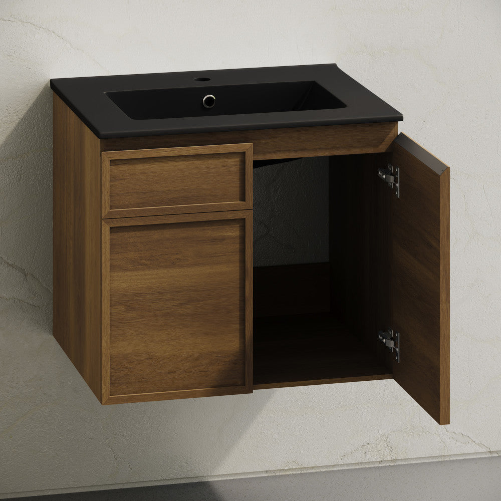 St. Tropez 24" Wall-Mounted Bathroom Vanity in Brown Oak with Black Sink Top
