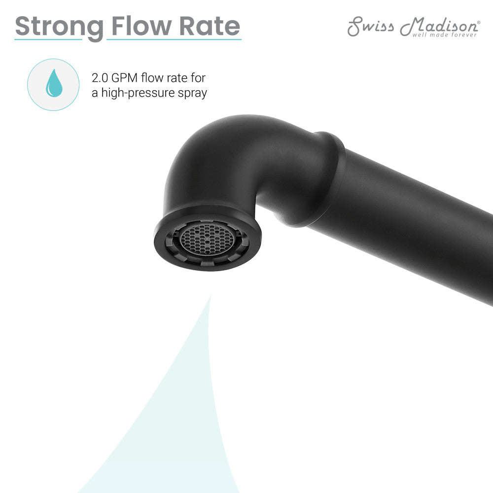Widespread kitchen faucet in matte black and yellow, single handle, high-pressure spray with 2.0 GPM flow rate.