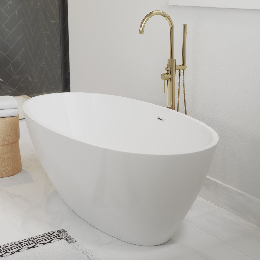 Freestanding white acrylic bathtub 60 inch with center drain and gold floor-mounted faucet.
