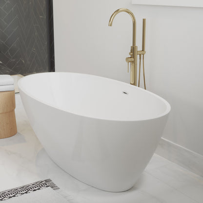 Freestanding white acrylic bathtub 60 inch with center drain and gold floor-mounted faucet.