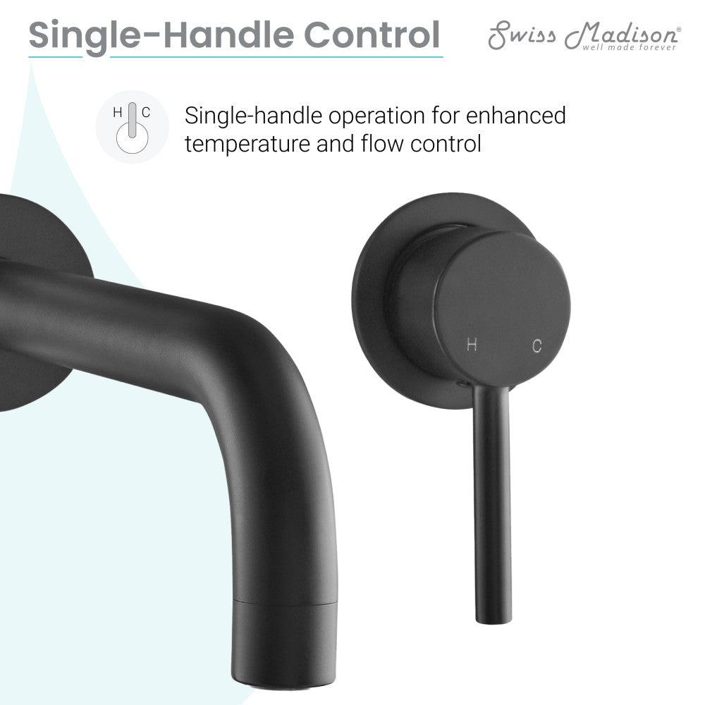 Single-handle wall-mount bathroom faucet in matte black with curved spout and lever handle.