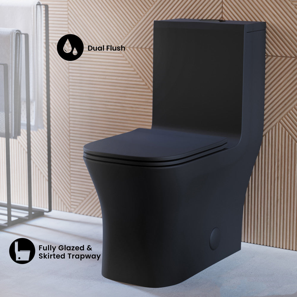Concorde One Piece Square Toilet Dual Flush in Matte Black, Black Hardware 1.1/1.6 gpf