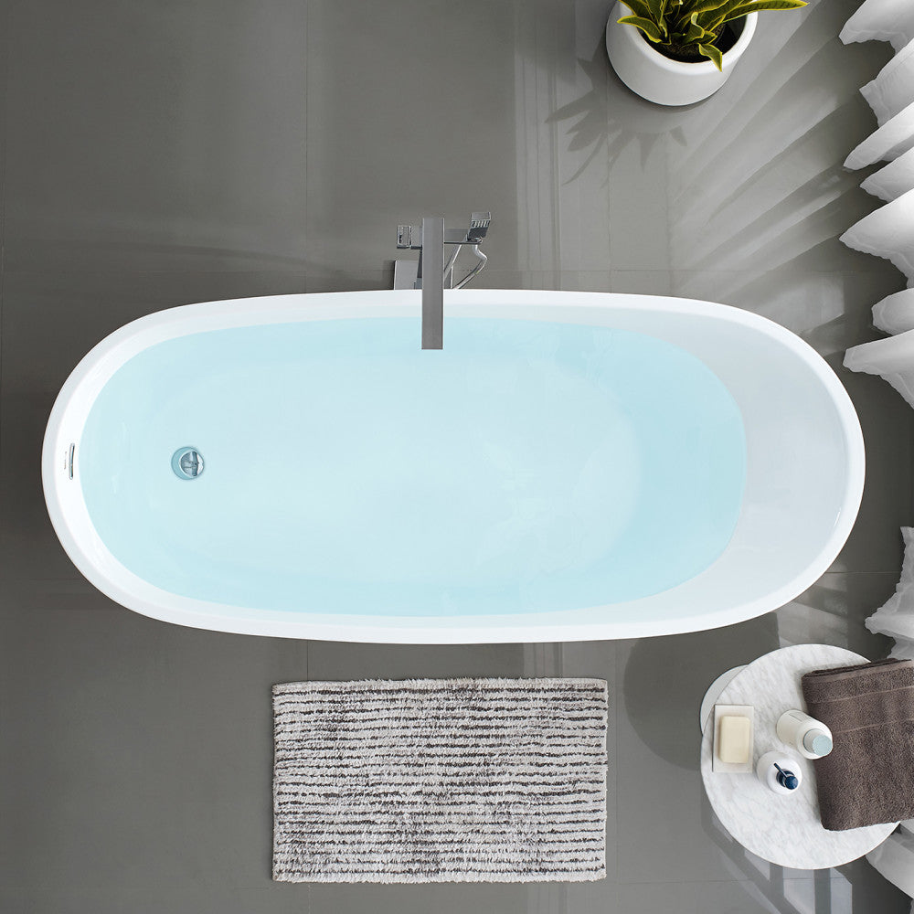 Freestanding soaking bathtub 67 inch, center drain, white acrylic, oval shape.