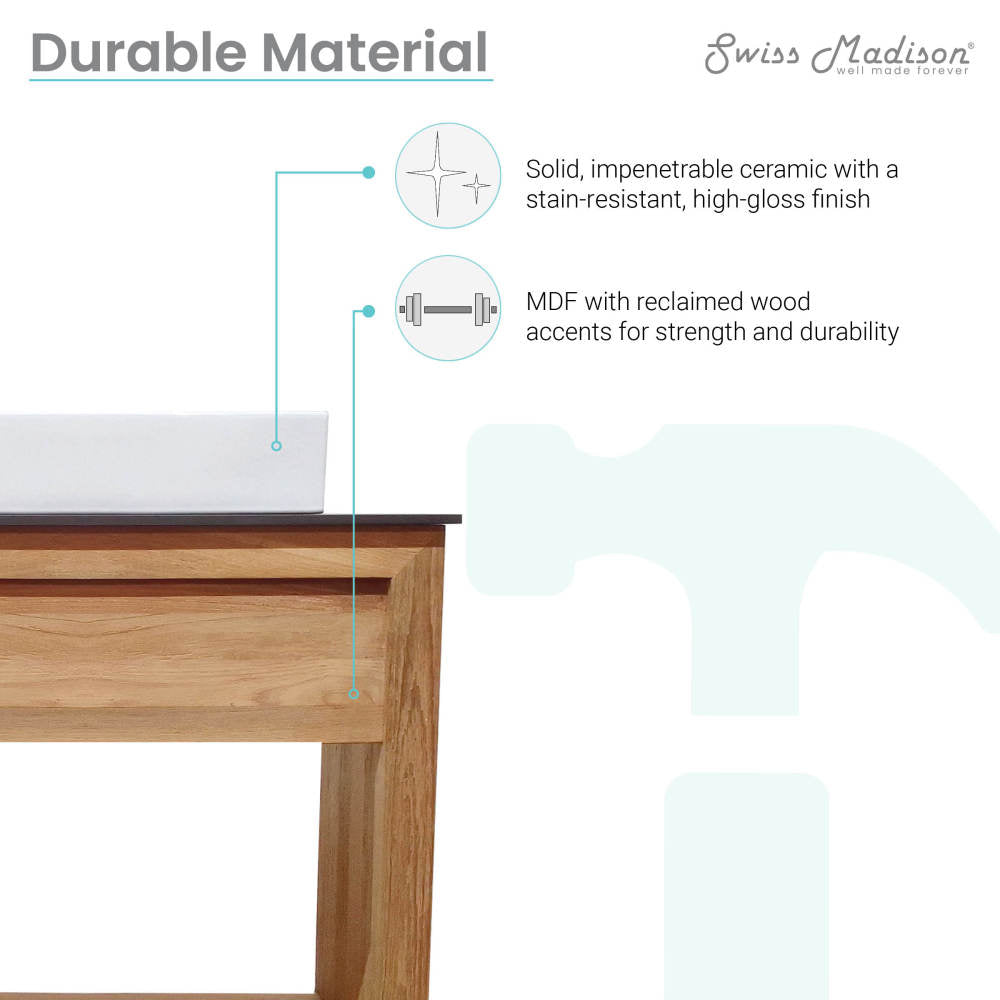 36-inch freestanding natural teak bathroom vanity with single ceramic sink top and soft-close doors.