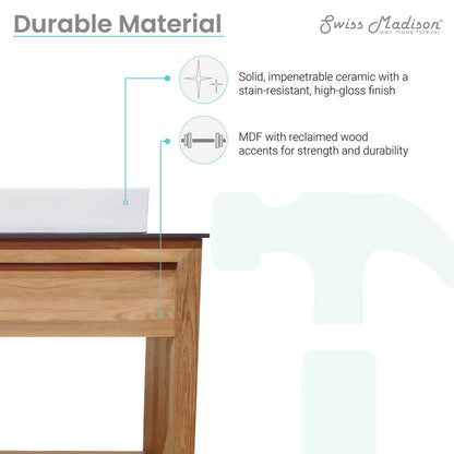 36-inch freestanding natural teak bathroom vanity with single ceramic sink top and soft-close doors.
