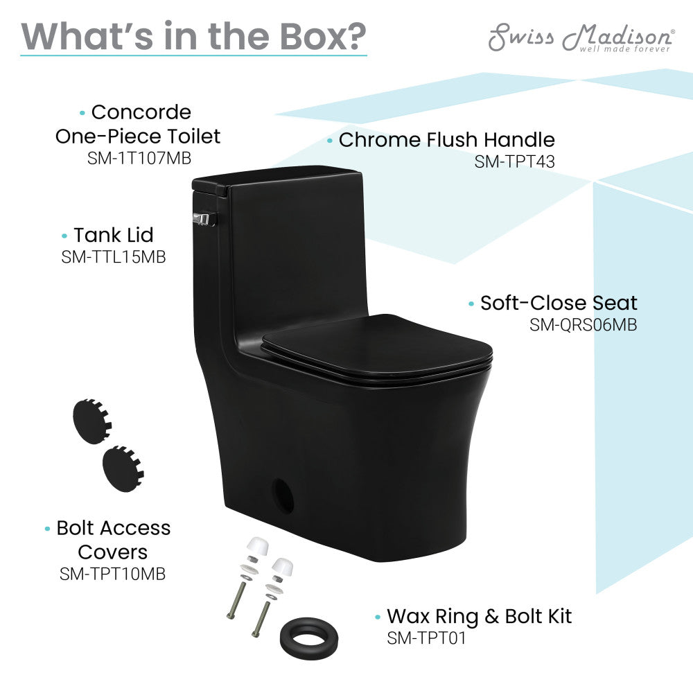 Elongated one-piece toilet in matte black, 12" rough-in, left-hand flush, soft-close seat.