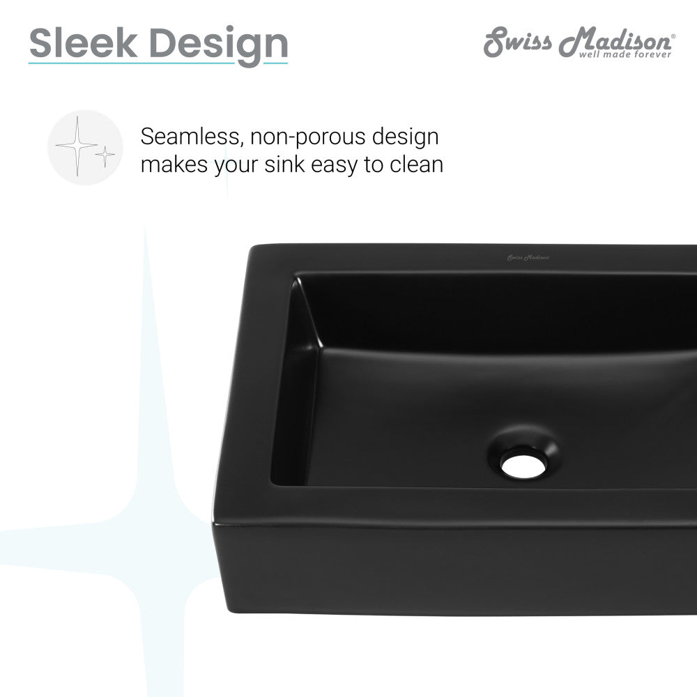 Matte black rectangular ceramic vessel sink with seamless design and center drain hole.