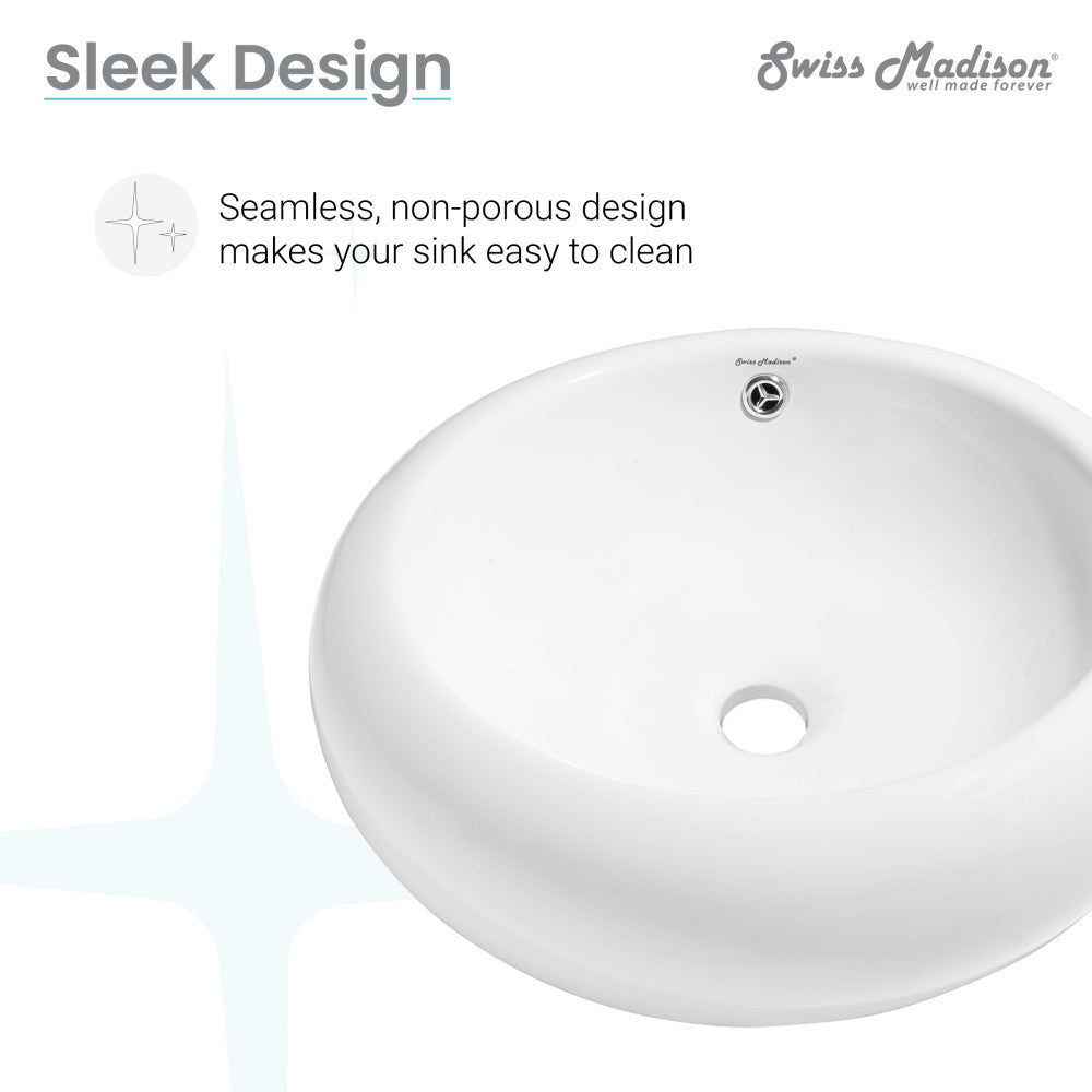 Round white vessel sink with seamless, non-porous design for easy cleaning.
