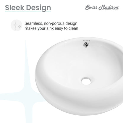 Round white vessel sink with seamless, non-porous design for easy cleaning.