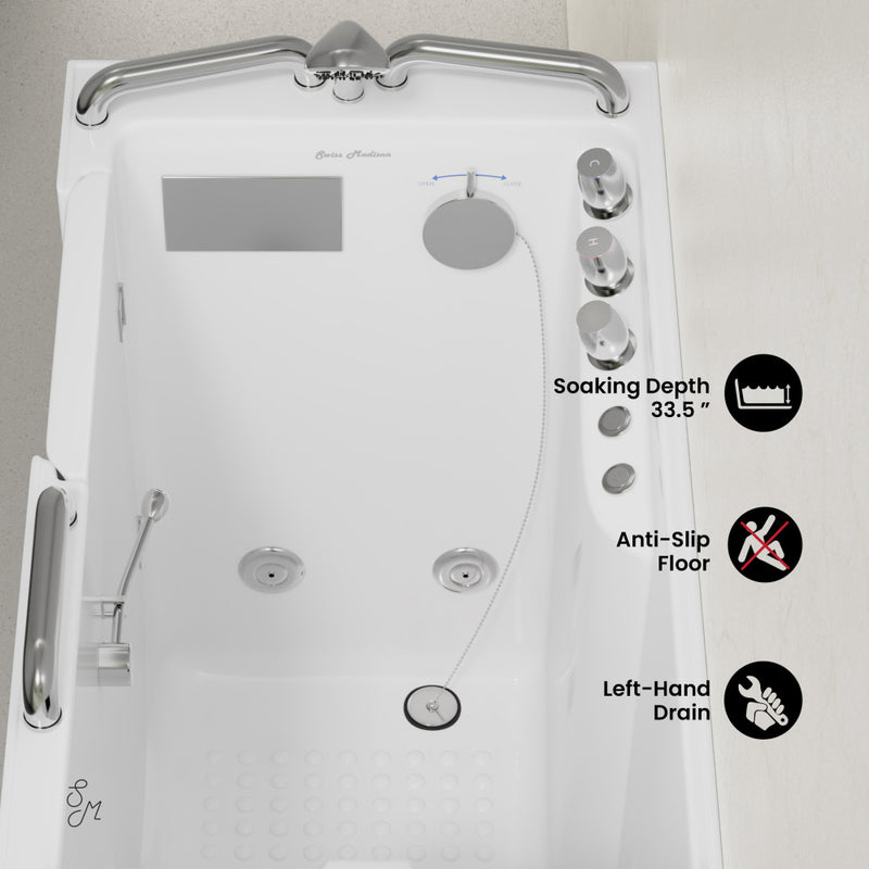 Auvergne 53" x 27" ADA Left Drain Walk-in Soaking Bathtub with Massage Jets in Glossy White, Faucet Set, Drain, Grab Bars, Pillow Included