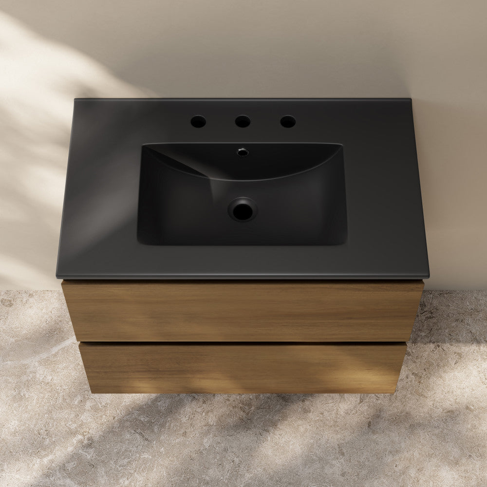 Liberte 30" Wall-Mounted Bathroom Vanity in Brown Oak with Black 3-Hole Widespread Sink Top