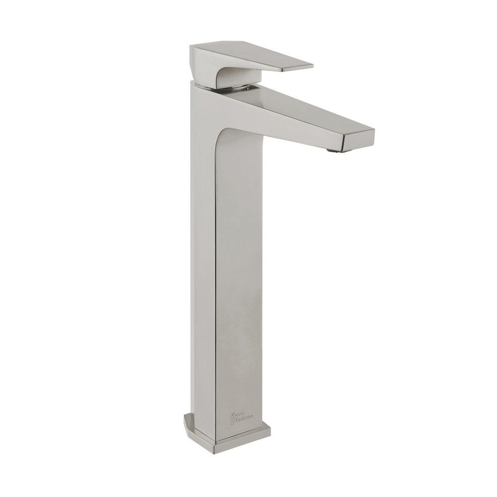 Single-handle high arc bathroom faucet in brushed nickel.