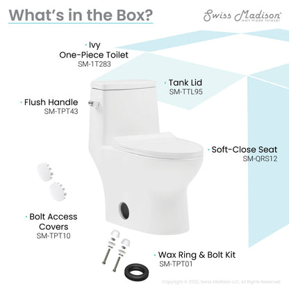 Elongated one-piece toilet with left side flush and soft-close seat, 1.28 gpf water-efficient design.