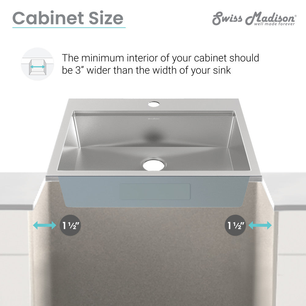 30x22 inch stainless steel top-mount single basin kitchen workstation sink with drain hole.