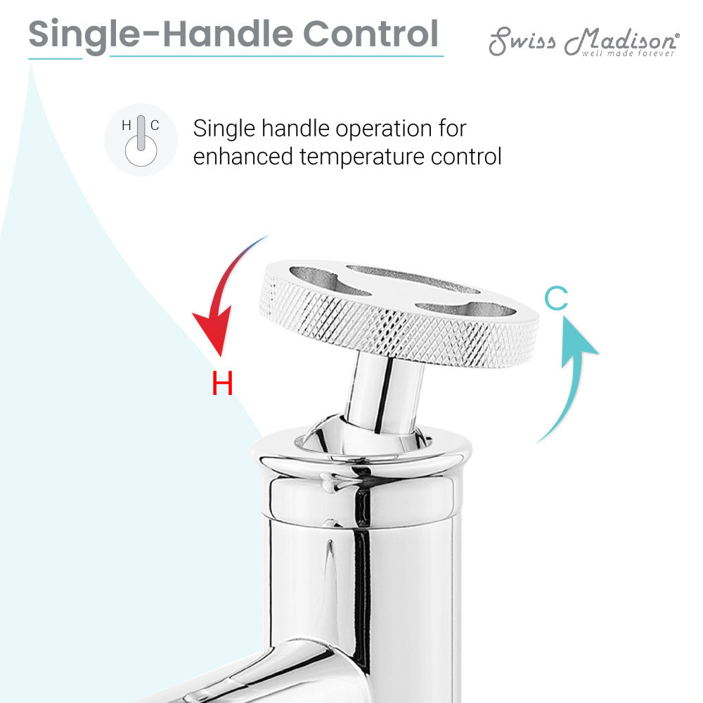 Single-handle bathroom faucet in chrome with high arc spout and wheel control handle.