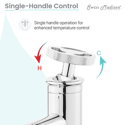 Single-handle bathroom faucet in chrome with high arc spout and wheel control handle.