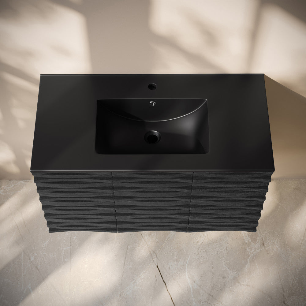 Cascade 36" Wall-Mounted Bathroom Vanity in Black Oak with Black Sink Top