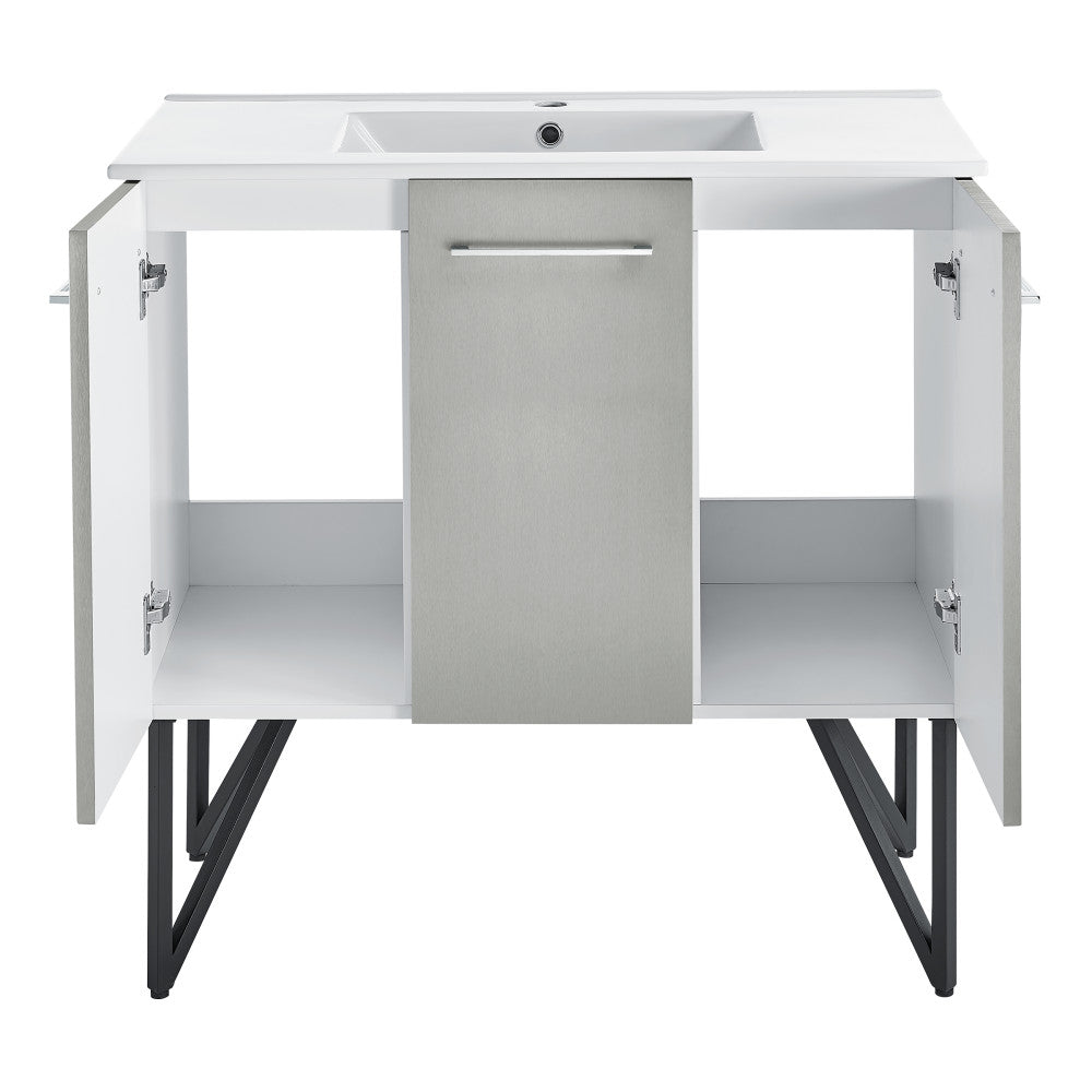 36-inch freestanding bathroom vanity in gray with single sink and soft-close doors.