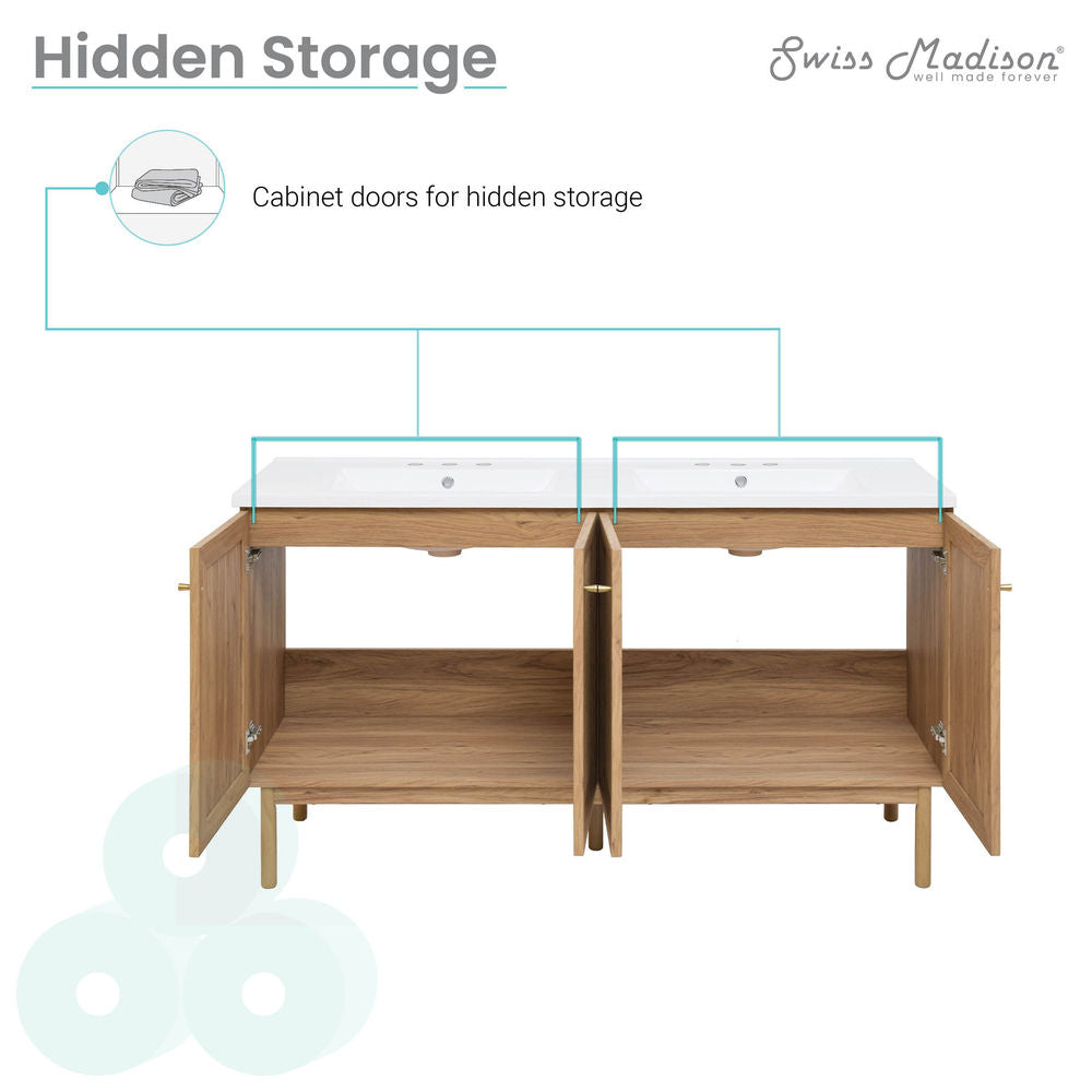 Classe 60" Freestanding Bathroom Vanity in Golden Oak with 3-Hole Widespread Double Basin Sink Top