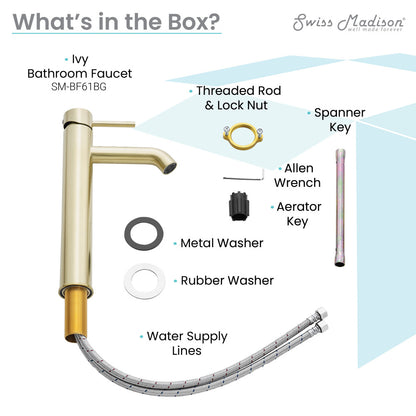 Single-handle high arc bathroom faucet in brushed gold with threaded rod and water supply lines.