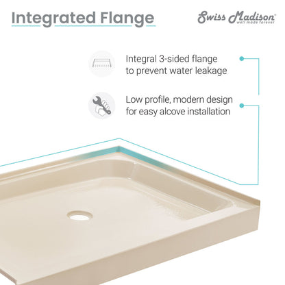 Single-threshold shower base in biscuit with center drain and integrated three-sided flange, 36x36 inches.
