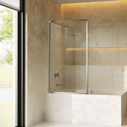 Pierre 34 x 58 Framed Fixed 3/8 in. (10mm) Clear Tempered Glass Tub Door with Nickel Brushed Frame
