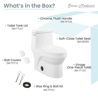 Elongated one-piece toilet with left side flush handle and soft-close seat in white ceramic.